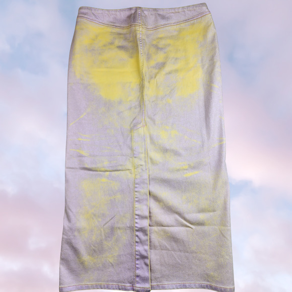 Diesel Pra Bi-Color Laminated Denim Yellow Metallic Gold Midi Slit Skirt 27 - Picture 3 of 6